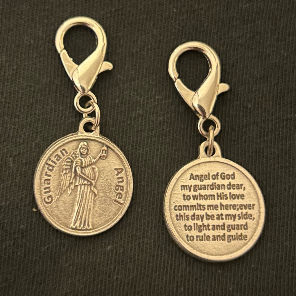 Silver Guardian Angel Coin Keychain Clip double sided front back as shown